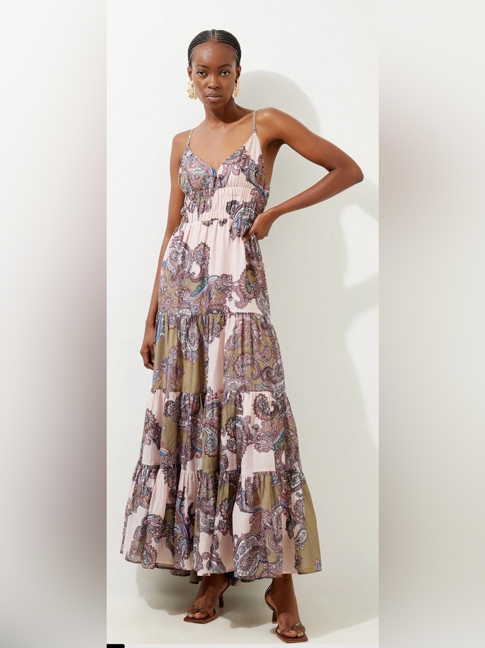 NWT Karen Millen Blush Pink and Olive Paisley Tiered Maxi Dress, US4